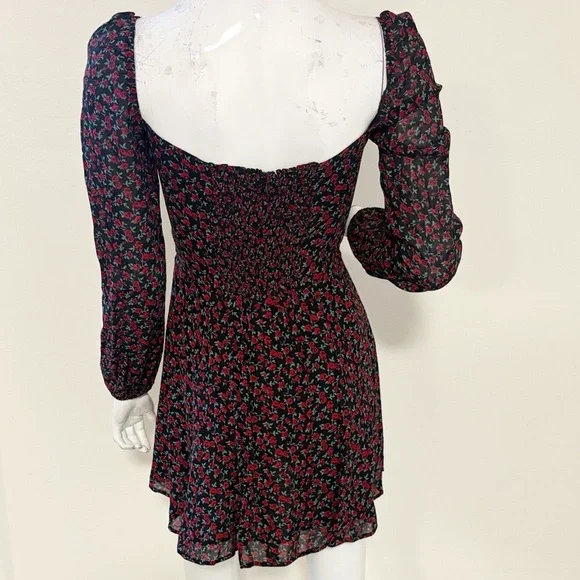 Reformation Black and Red Floral Rose Print Long Sleeve Off Shoulder Mini Dress - Picture 3 of 6